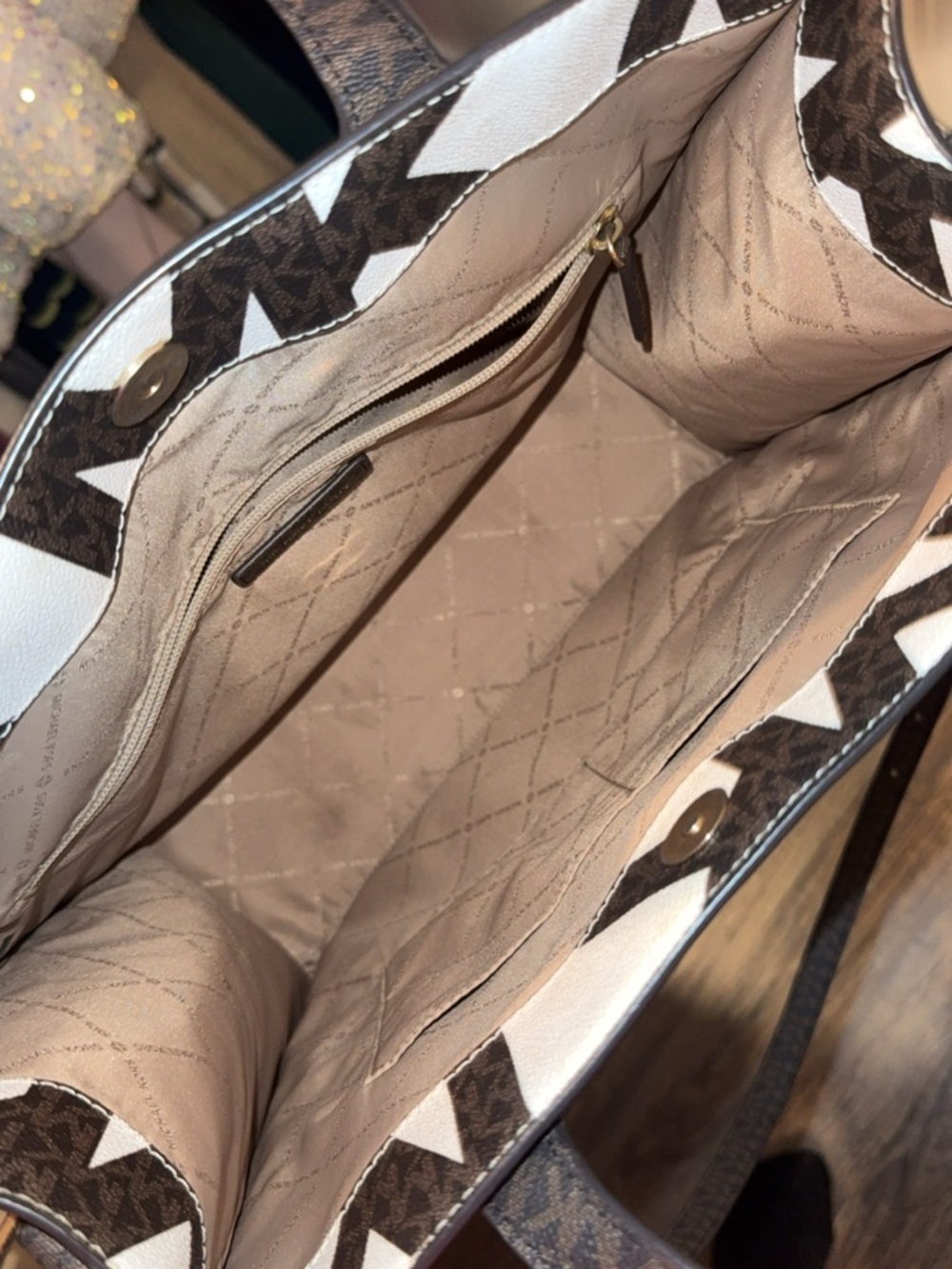 Authentic Michael Kors White and Brown MK Monogram Tote with Gold Hardware - Picture 4 of 5